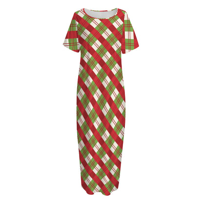 Merry Christmas Plaid Pattern Print Short Sleeve Long Nightdress