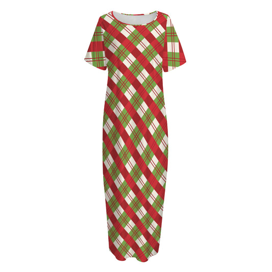 Merry Christmas Plaid Pattern Print Short Sleeve Long Nightdress