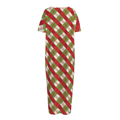 Merry Christmas Plaid Pattern Print Short Sleeve Long Nightdress