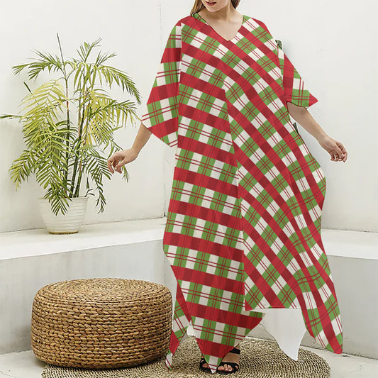 Merry Christmas Plaid Pattern Print Silk V-Neck Kaftan Dress