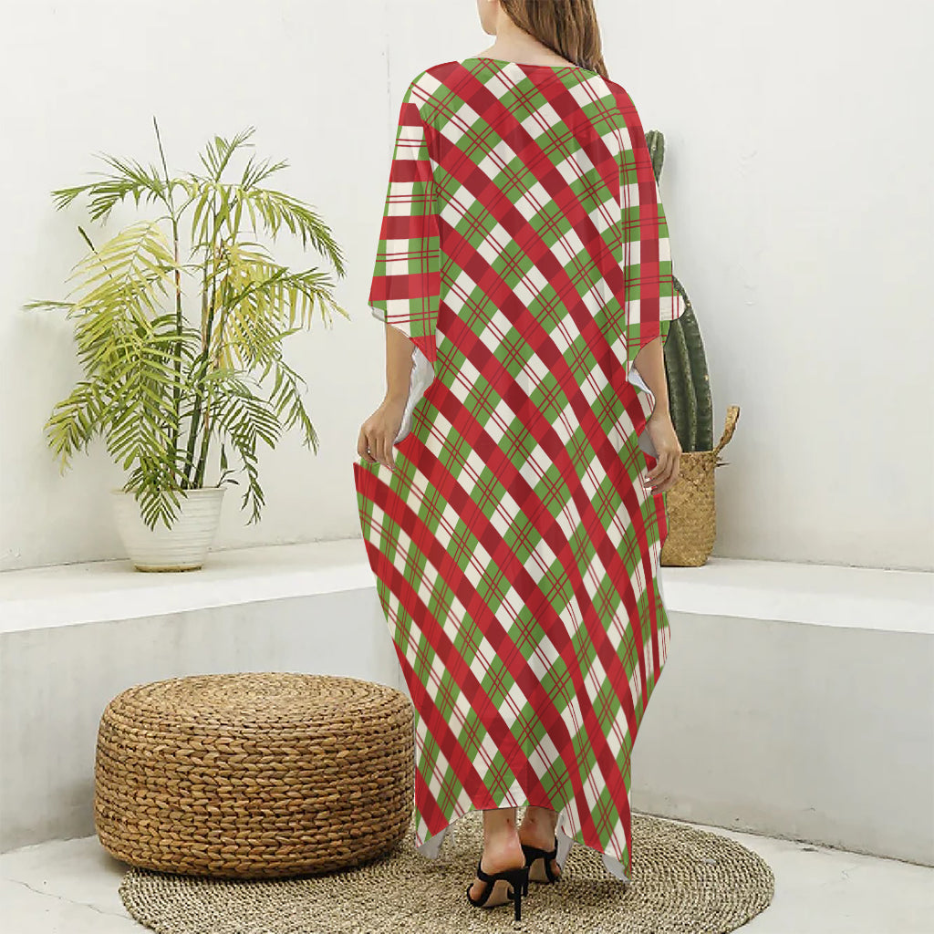 Merry Christmas Plaid Pattern Print Silk V-Neck Kaftan Dress