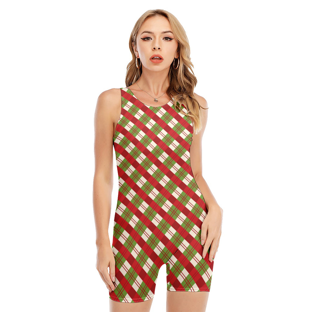 Merry Christmas Plaid Pattern Print Sleeveless One Piece Swimsuit