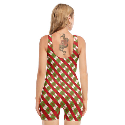 Merry Christmas Plaid Pattern Print Sleeveless One Piece Swimsuit
