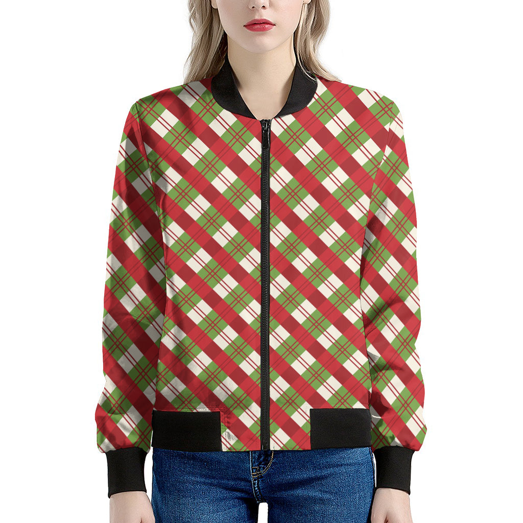 Merry Christmas Plaid Pattern Print Women's Bomber Jacket