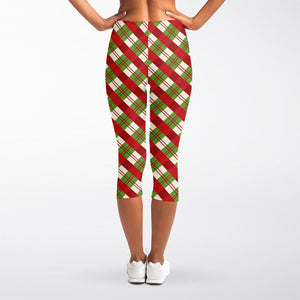 Merry Christmas Plaid Pattern Print Women's Capri Leggings