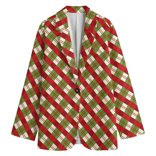 Merry Christmas Plaid Pattern Print Women's Cotton Blazer