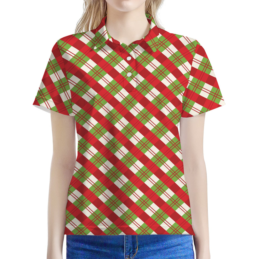 Merry Christmas Plaid Pattern Print Women's Polo Shirt