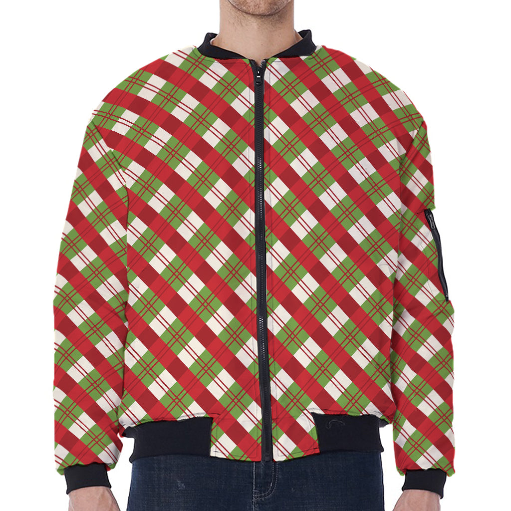 Merry Christmas Plaid Pattern Print Zip Sleeve Bomber Jacket