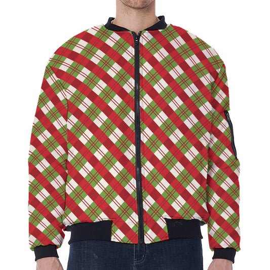 Merry Christmas Plaid Pattern Print Zip Sleeve Bomber Jacket