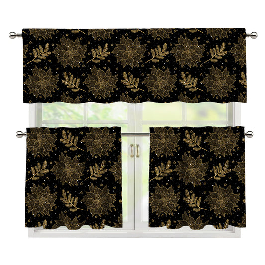Merry Christmas Poinsettia Pattern Print 3 Piece Kitchen Curtains