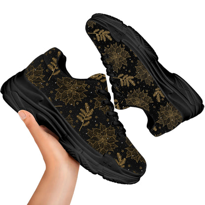 Merry Christmas Poinsettia Pattern Print Black Chunky Shoes
