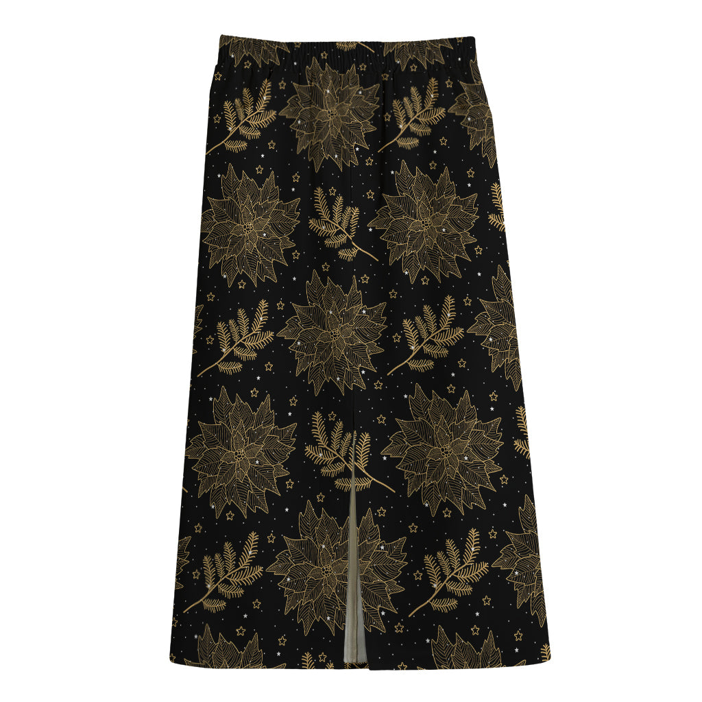 Merry Christmas Poinsettia Pattern Print Cotton Front Slit Maxi Skirt