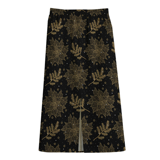 Merry Christmas Poinsettia Pattern Print Cotton Front Slit Maxi Skirt
