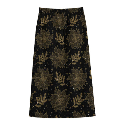 Merry Christmas Poinsettia Pattern Print Cotton Front Slit Maxi Skirt
