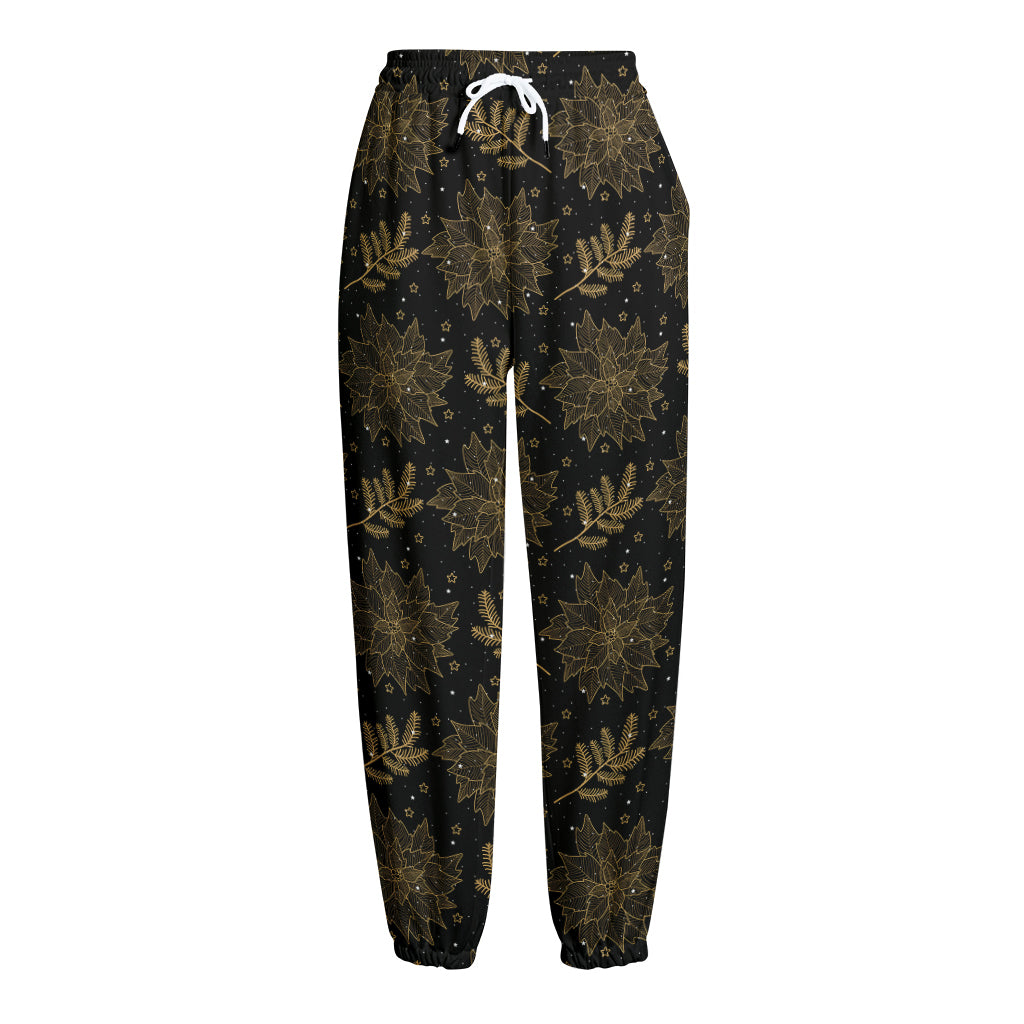 Merry Christmas Poinsettia Pattern Print Fleece Lined Knit Pants