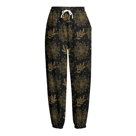 Merry Christmas Poinsettia Pattern Print Fleece Lined Knit Pants