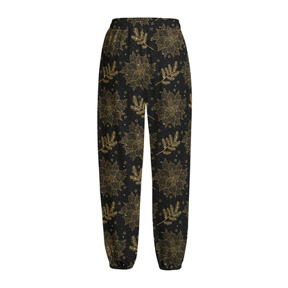 Merry Christmas Poinsettia Pattern Print Fleece Lined Knit Pants