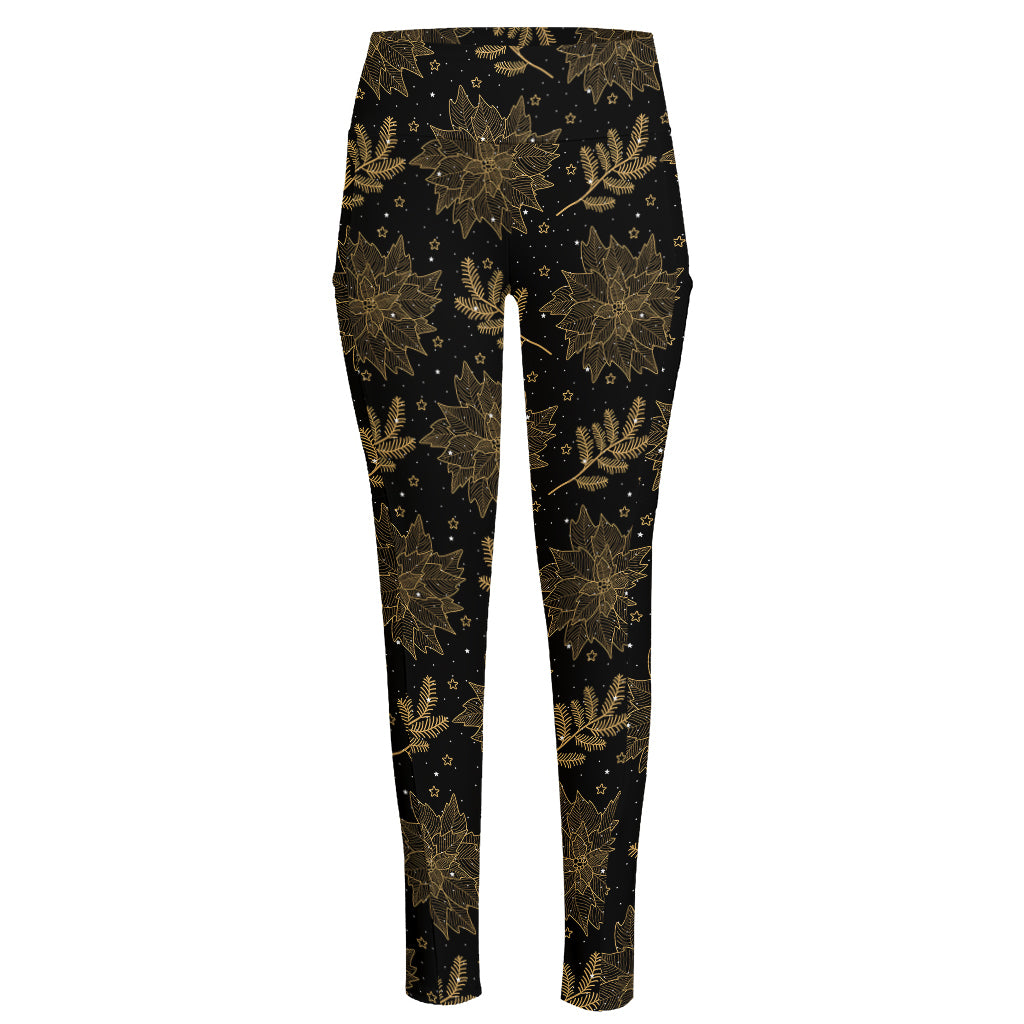 Merry Christmas Poinsettia Pattern Print High-Waisted Pocket Leggings