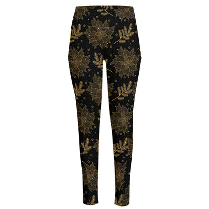 Merry Christmas Poinsettia Pattern Print High-Waisted Pocket Leggings