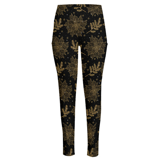 Merry Christmas Poinsettia Pattern Print High-Waisted Pocket Leggings