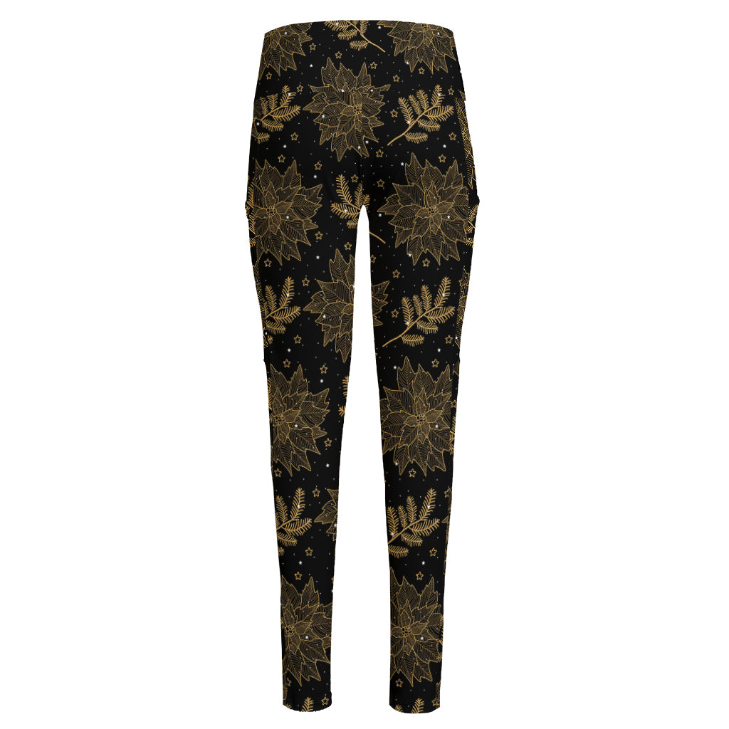 Merry Christmas Poinsettia Pattern Print High-Waisted Pocket Leggings