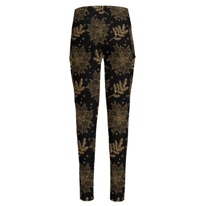 Merry Christmas Poinsettia Pattern Print High-Waisted Pocket Leggings