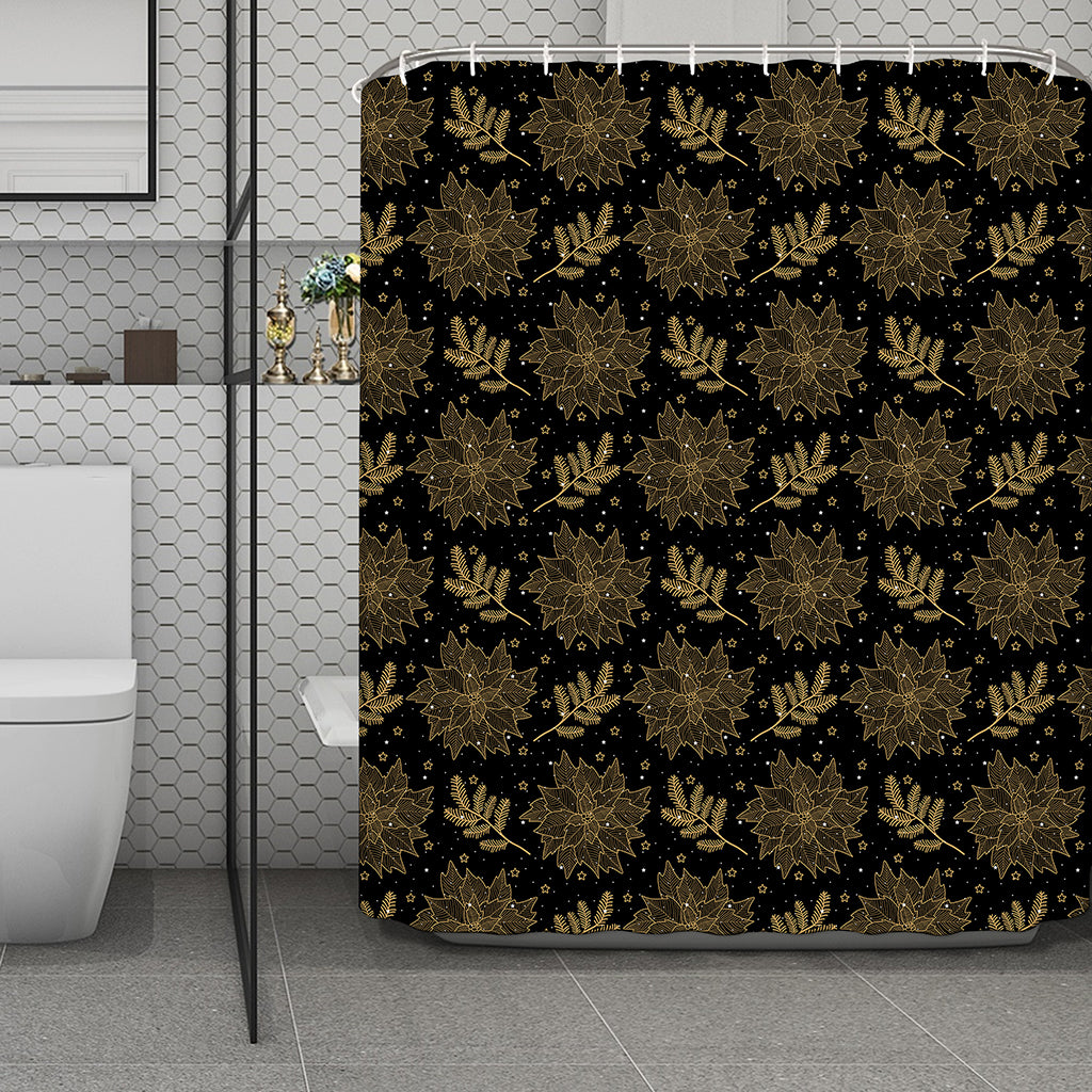 Merry Christmas Poinsettia Pattern Print Polyester Shower Curtain