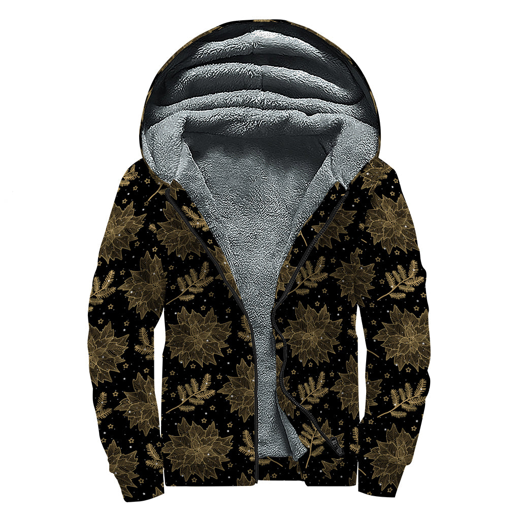 Merry Christmas Poinsettia Pattern Print Sherpa Lined Zip Up Hoodie