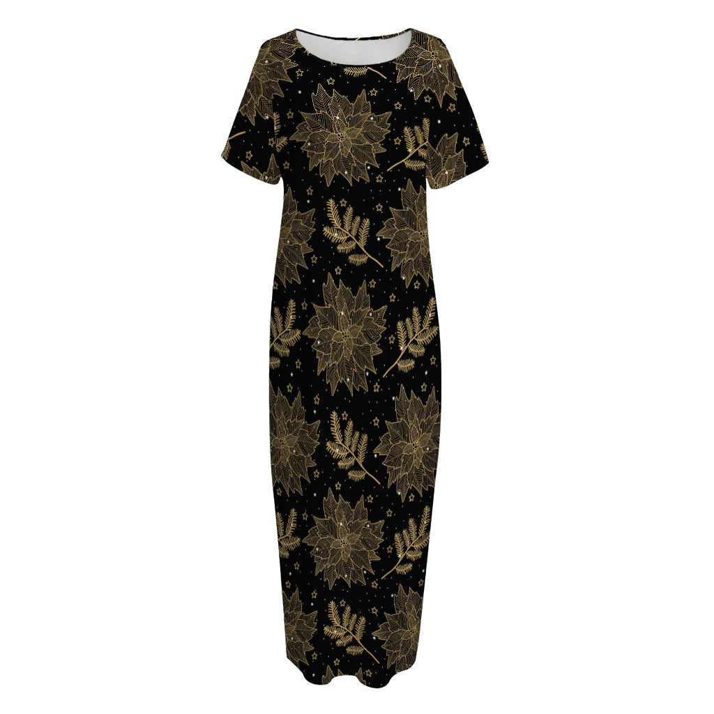 Merry Christmas Poinsettia Pattern Print Short Sleeve Long Nightdress
