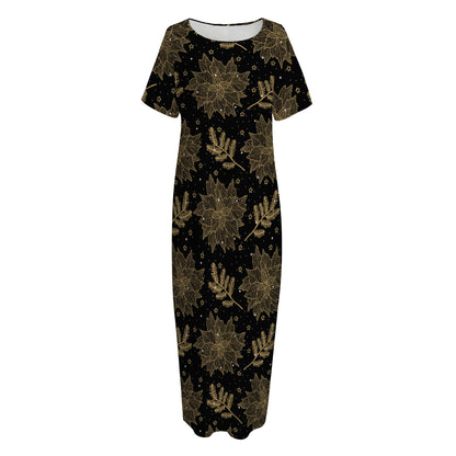 Merry Christmas Poinsettia Pattern Print Short Sleeve Long Nightdress