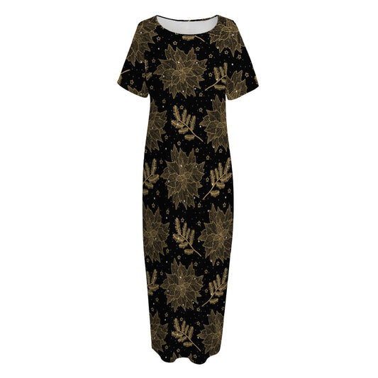 Merry Christmas Poinsettia Pattern Print Short Sleeve Long Nightdress