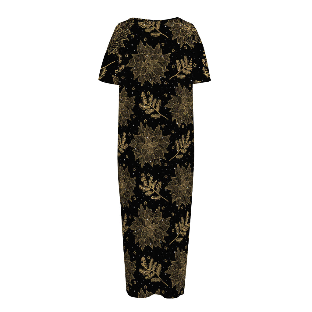 Merry Christmas Poinsettia Pattern Print Short Sleeve Long Nightdress