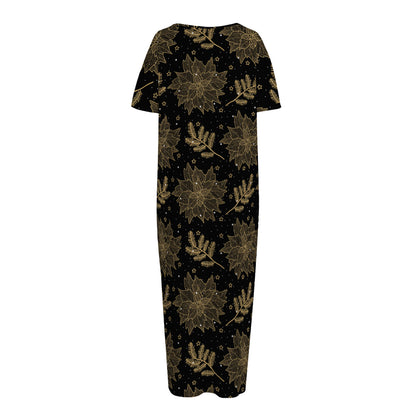 Merry Christmas Poinsettia Pattern Print Short Sleeve Long Nightdress