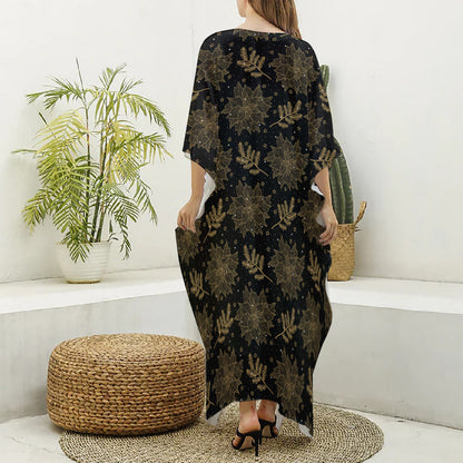 Merry Christmas Poinsettia Pattern Print Silk V-Neck Kaftan Dress