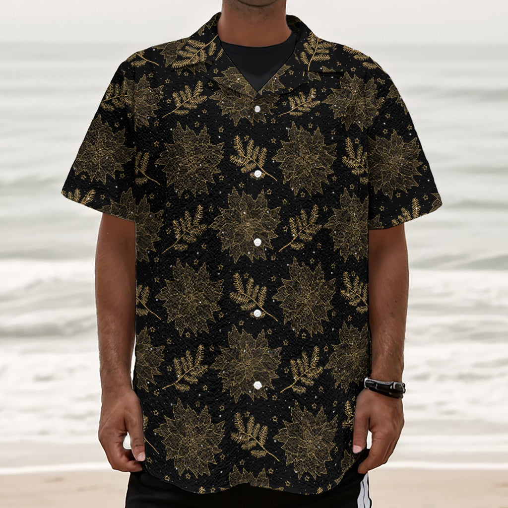 Merry Christmas Poinsettia Pattern Print Textured Short Sleeve Shirt