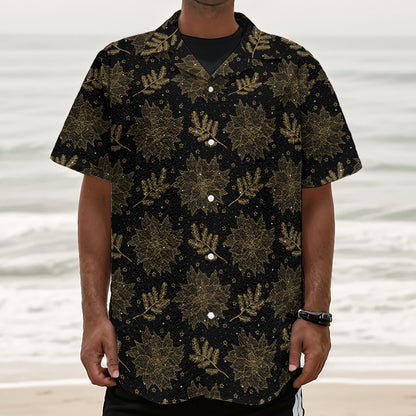 Merry Christmas Poinsettia Pattern Print Textured Short Sleeve Shirt