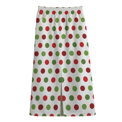 Merry Christmas Polka Dot Pattern Print Cotton Front Slit Maxi Skirt