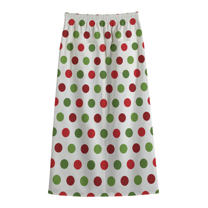 Merry Christmas Polka Dot Pattern Print Cotton Front Slit Maxi Skirt