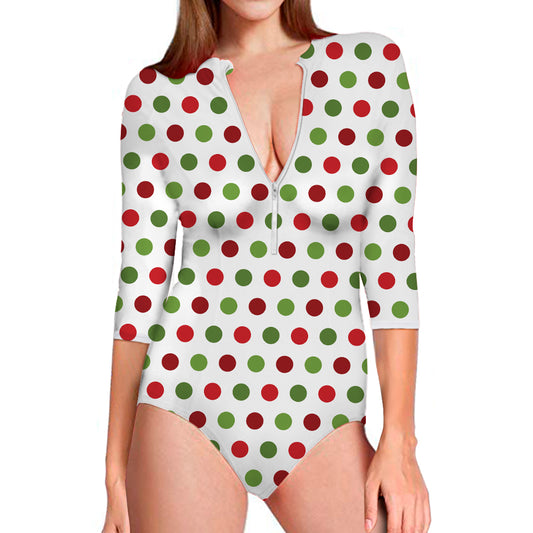 Merry Christmas Polka Dot Pattern Print Long Sleeve Swimsuit