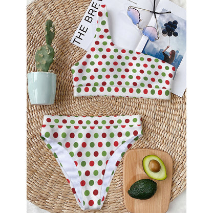 Merry Christmas Polka Dot Pattern Print One Shoulder Bikini Top