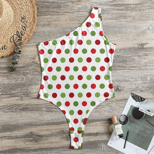 Merry Christmas Polka Dot Pattern Print One Shoulder Bodysuit
