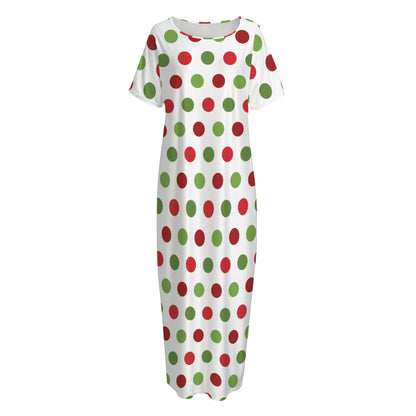 Merry Christmas Polka Dot Pattern Print Short Sleeve Long Nightdress