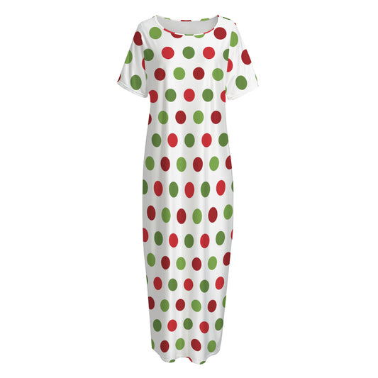 Merry Christmas Polka Dot Pattern Print Short Sleeve Long Nightdress