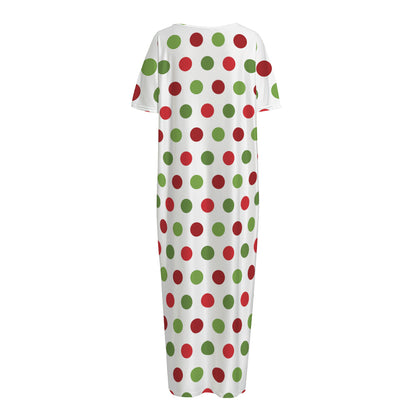Merry Christmas Polka Dot Pattern Print Short Sleeve Long Nightdress