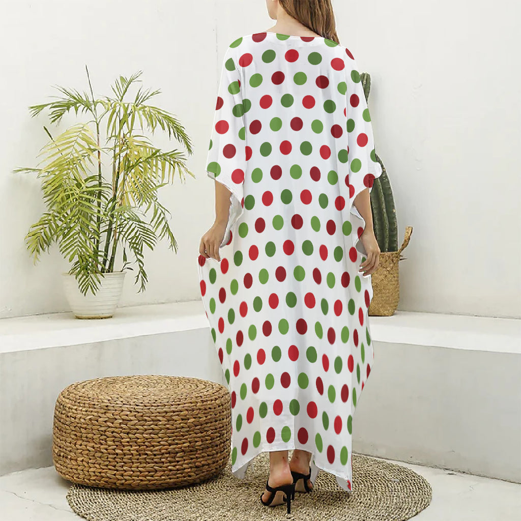 Merry Christmas Polka Dot Pattern Print Silk V-Neck Kaftan Dress