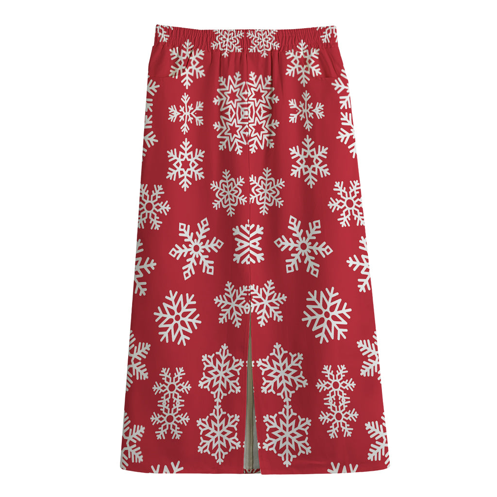Merry Christmas Snowflakes Pattern Print Cotton Front Slit Maxi Skirt
