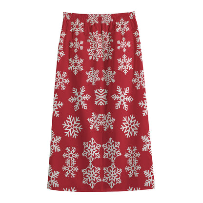 Merry Christmas Snowflakes Pattern Print Cotton Front Slit Maxi Skirt