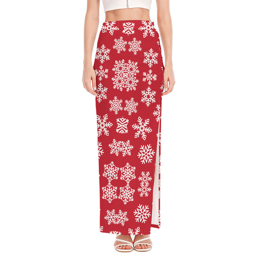Merry Christmas Snowflakes Pattern Print High Slit Maxi Skirt