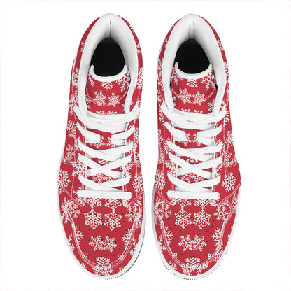 Merry Christmas Snowflakes Pattern Print High Top Leather Sneakers