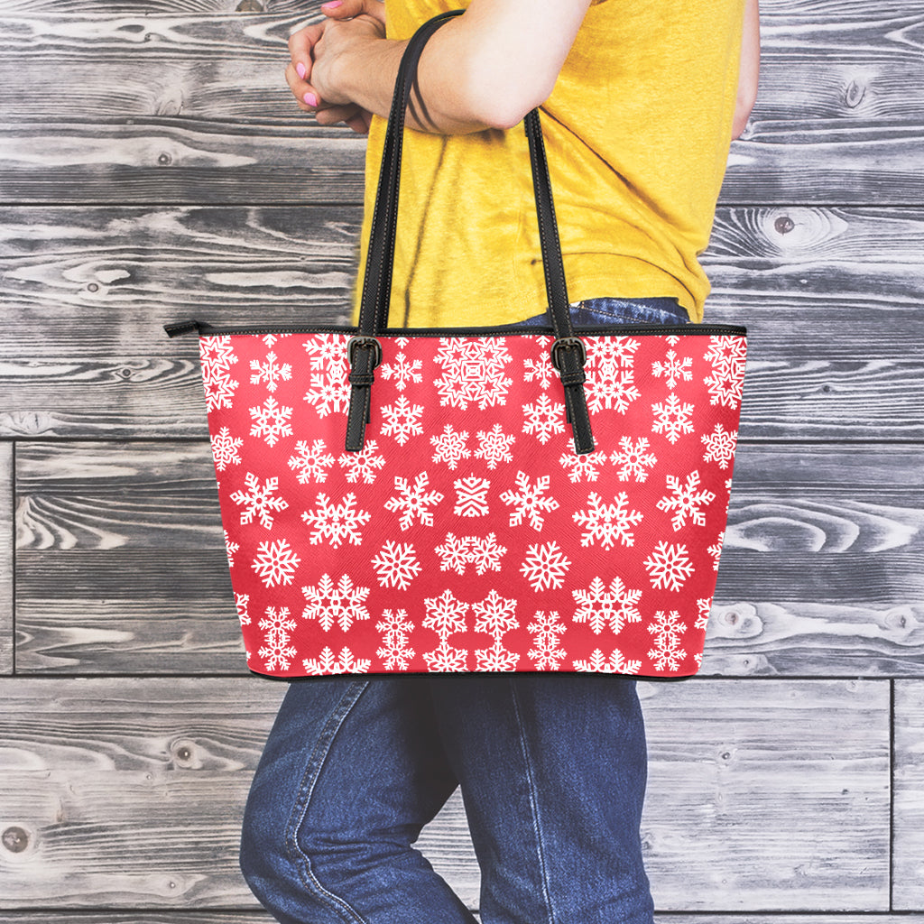 Merry Christmas Snowflakes Pattern Print Leather Tote Bag